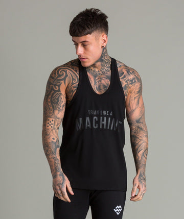 Train Like A Machine Tech Fabric Stringer Vest (Black/Black) - Machine Fitness