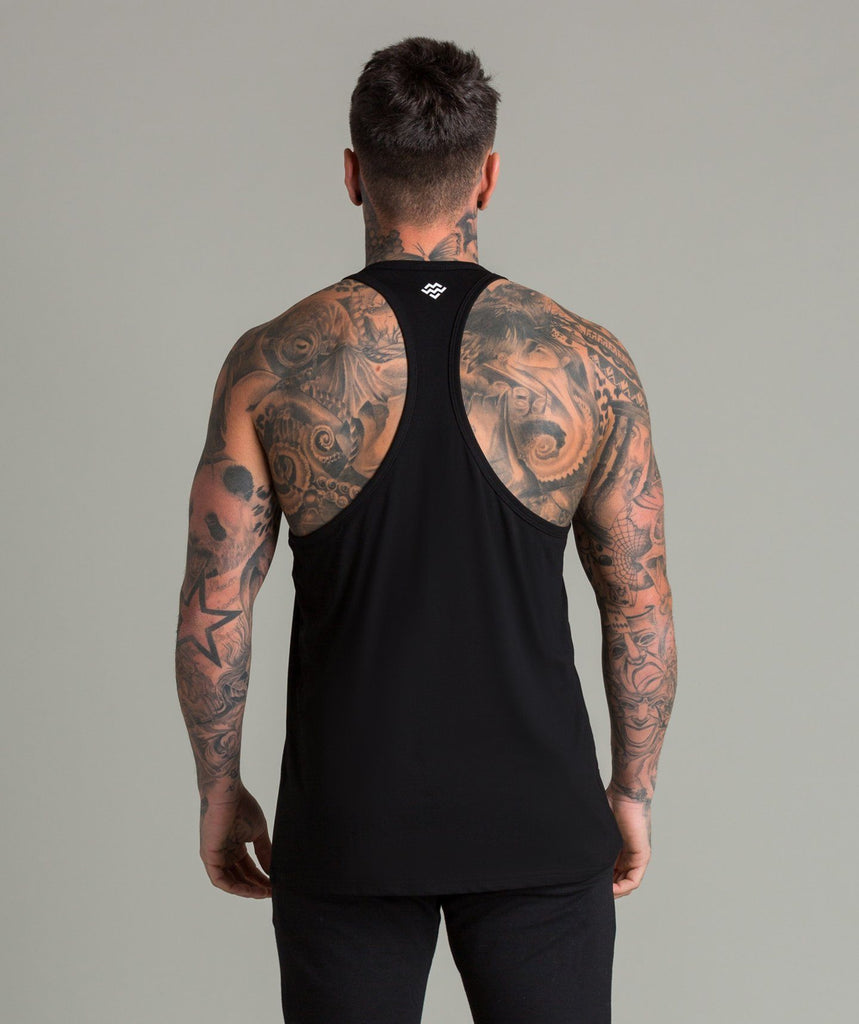 Train Like A Machine Tech Fabric Stringer Vest (Black/White) - Machine Fitness