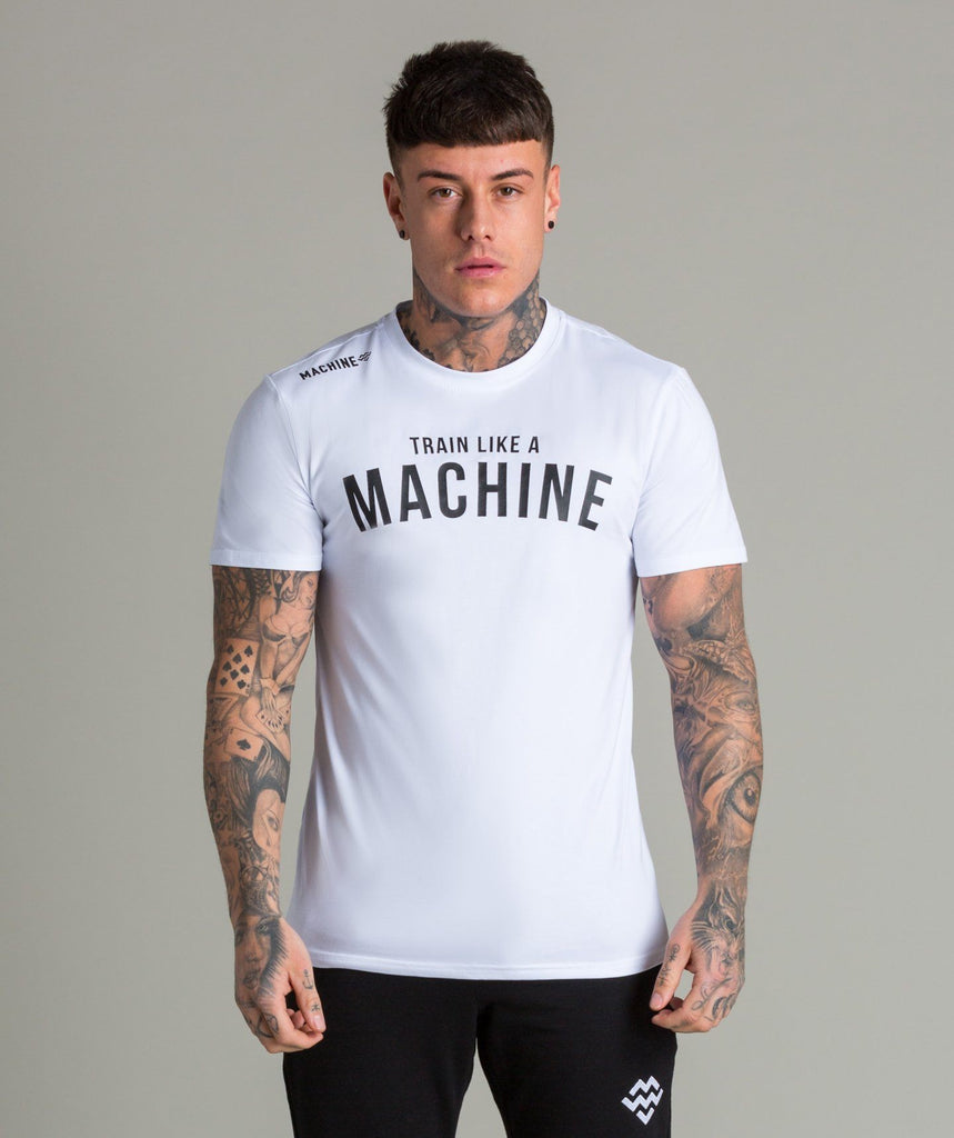 Train Like A Machine Tech Fabric T-Shirt (White) - Machine Fitness